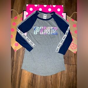 VS PINK Size XS HTF Watercolor Logo 3/4 Sleeve Baseball Style Tee.